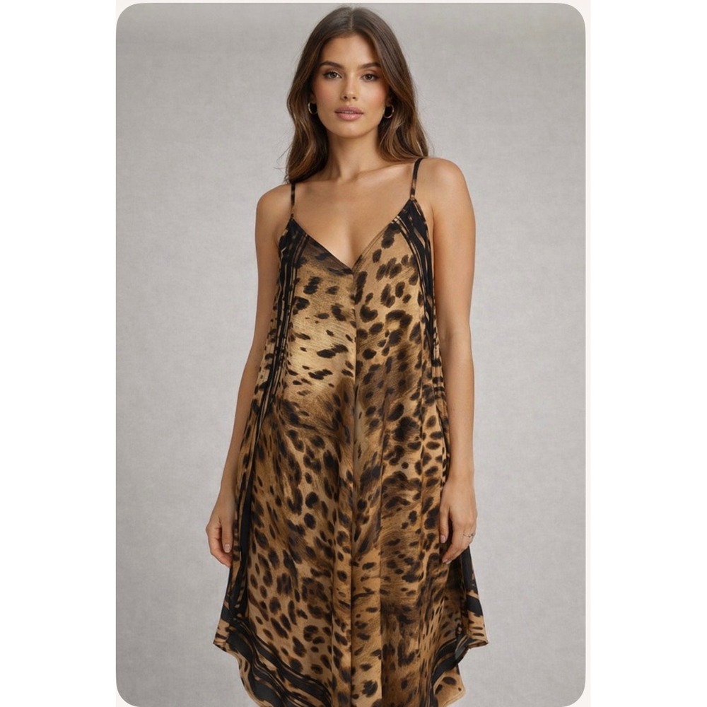 Tommy Bahama Leopard Print Handkerchief Maxi Dress Brown L/XL Romantic, B114